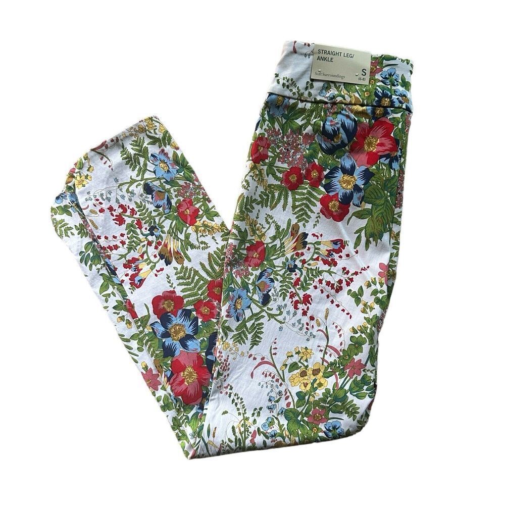 Soft Surroundings In Bloom Pants Small Straight Leg Garden Floral White NWT